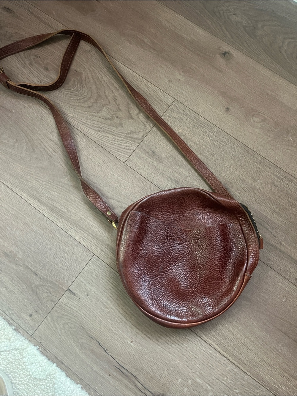 Round Crossbody Bag in Brown Leather - Women's Shoulder Bag-Large 9” - Picture 4 of 6